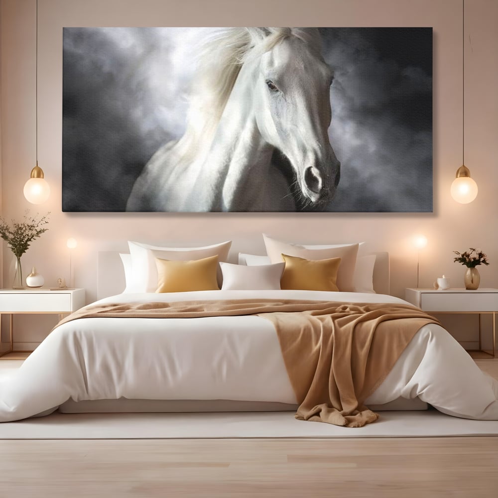 Tablou canvas cu tablou canvas cu un cal alb si nori, fara rama, pe sasiu de lemn, pe perete intr-un dormitor